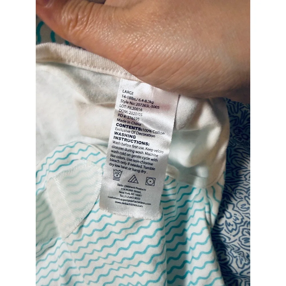 NWOT Serta 100% Cotton Swaddle Blue White Wave Embroidered Sheep Size Large